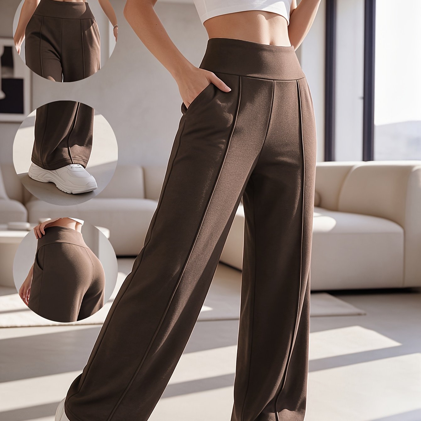 TEMU 1pc Women's High-waist Tummy Control Flowing Straight Pants, -friendly Trousers With Pockets, Commuter Casual Straight-leg Long Pants