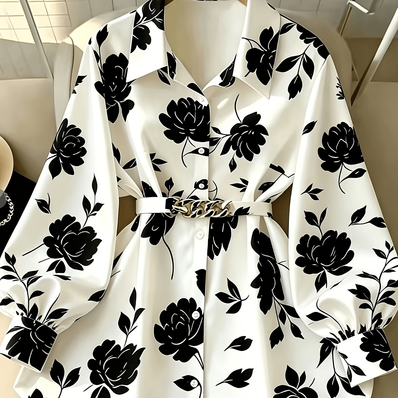 TEMU Elegant Women's Printed Shirt With Belt, Suitable For Spring Summer Autumn Home Outing Party Work Casual All-match Style Fashion Item
