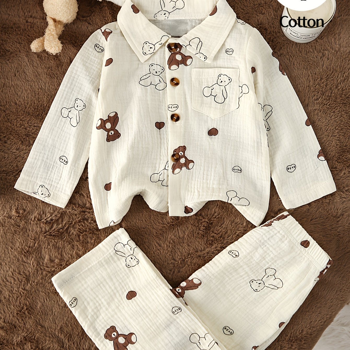 Image of 2pcs - Double-layer Crepe Set, Featuring Cute Cartoon/fruit Print Collared Long-sleeved Top And Long Pants, Skin-friendly And Breathable, For Outdoor