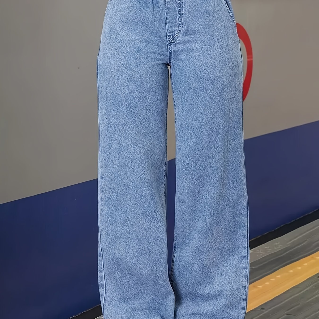 Image of 1pc Women's Fashion High Waist Elastic Waist Straight Leg Jeans | Comfortable Loose Fit, Washed Denim, Pocket Details, Wear
