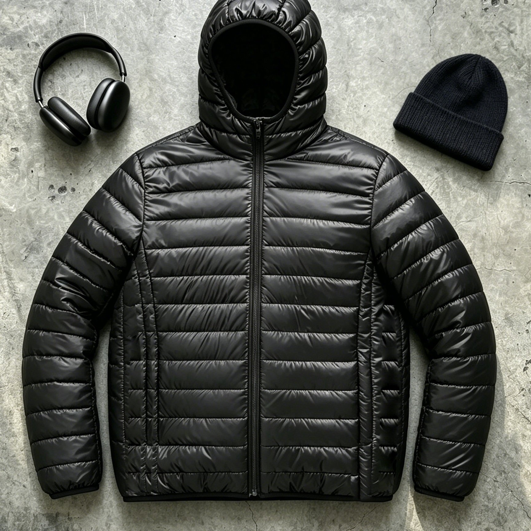 TEMU Early Winter Men's Hooded Padded, A Lightweight Ribbed Black Jacket That Eliminates The Need For Heavy Padded Coats. Features Three-dimensional
