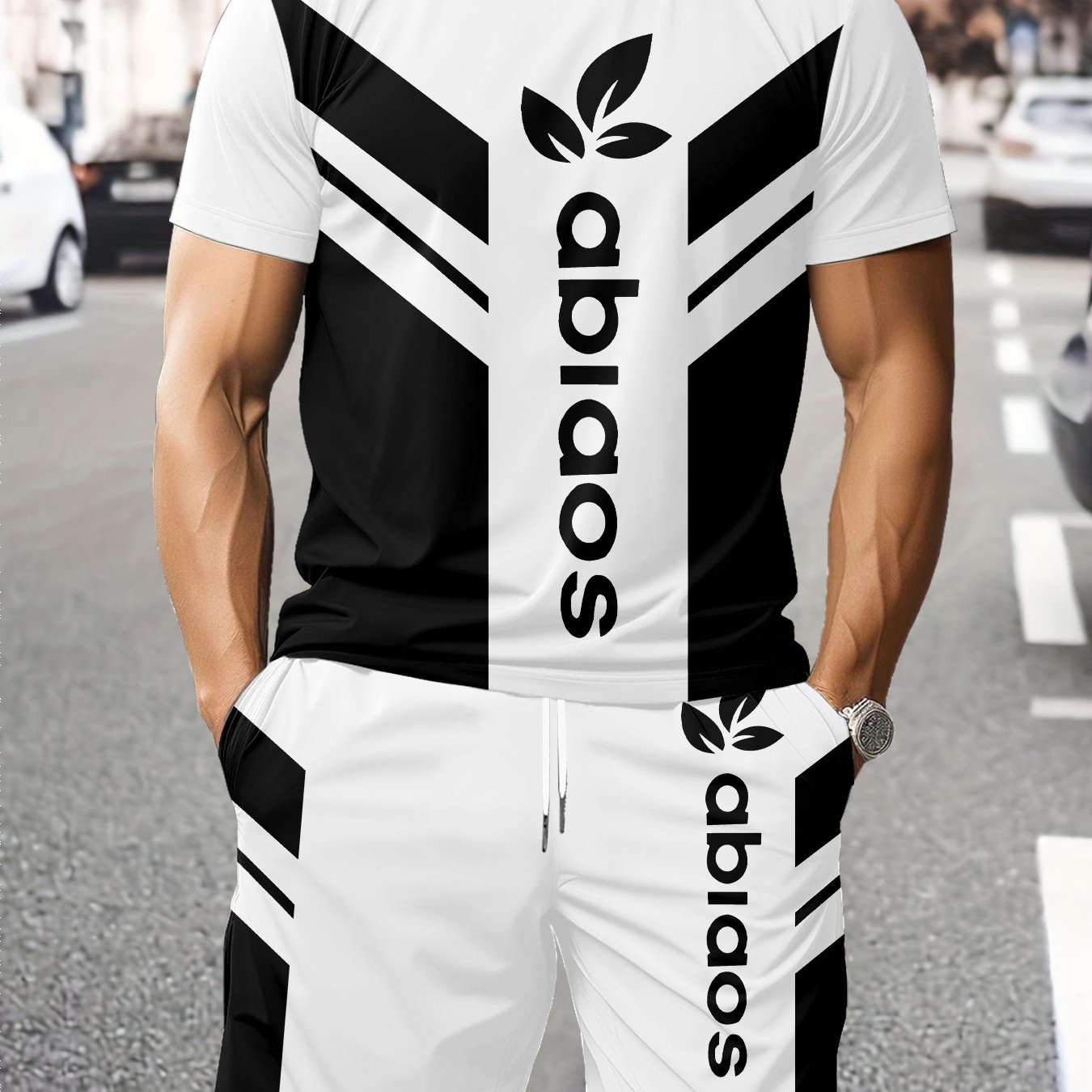 TEMU Men's Plus-size Short-sleeve Set: Crew-neck Top With Geometric Color-block Stripe Print And Drawstring Shorts. Loose Fit, Casual And Versatile