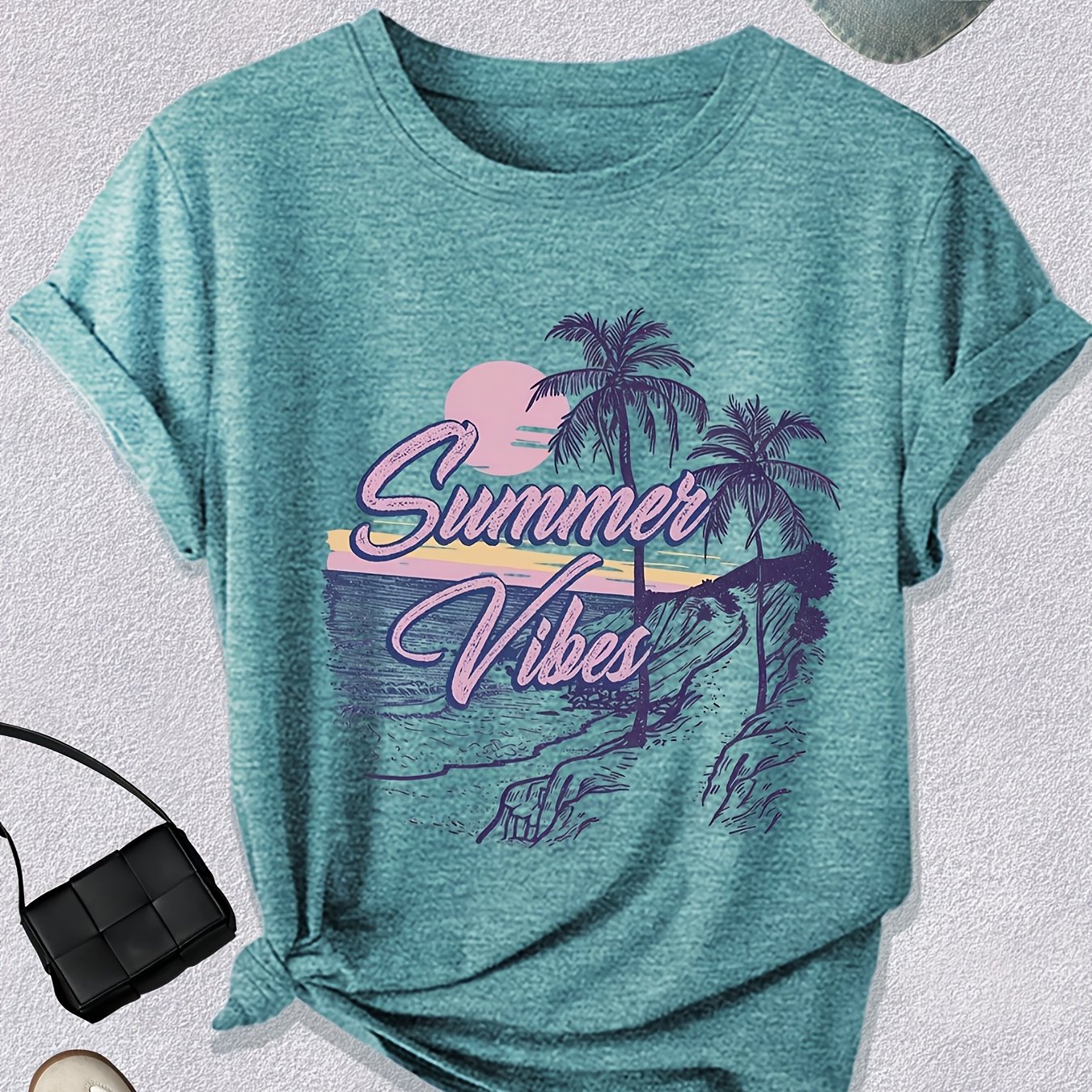 Image of Vacation Print T-shirt, Short Sleeve Crew Neck Casual Top For Summer And Spring, Women's Clothing