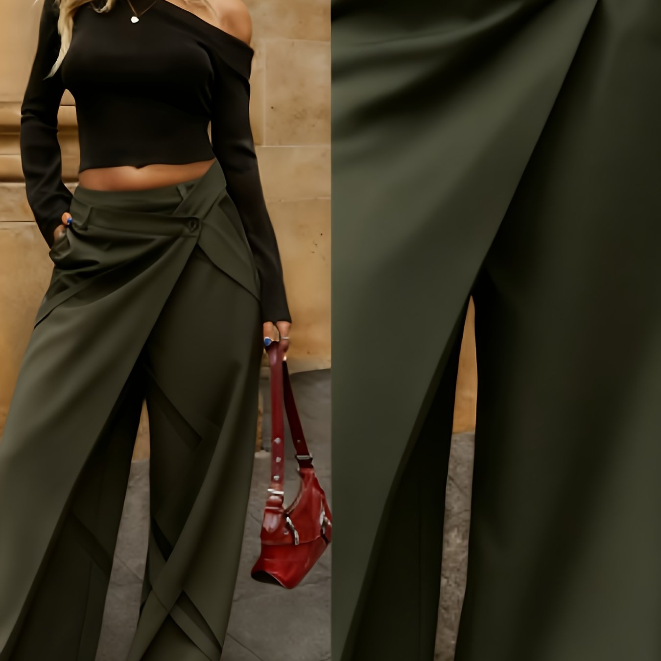 Women'S Asymmetrical Draping Solid Color Elegant Pockets Straight Leg Pants, Easy Daily High-Waisted Wear, New Style in 2025 Fall