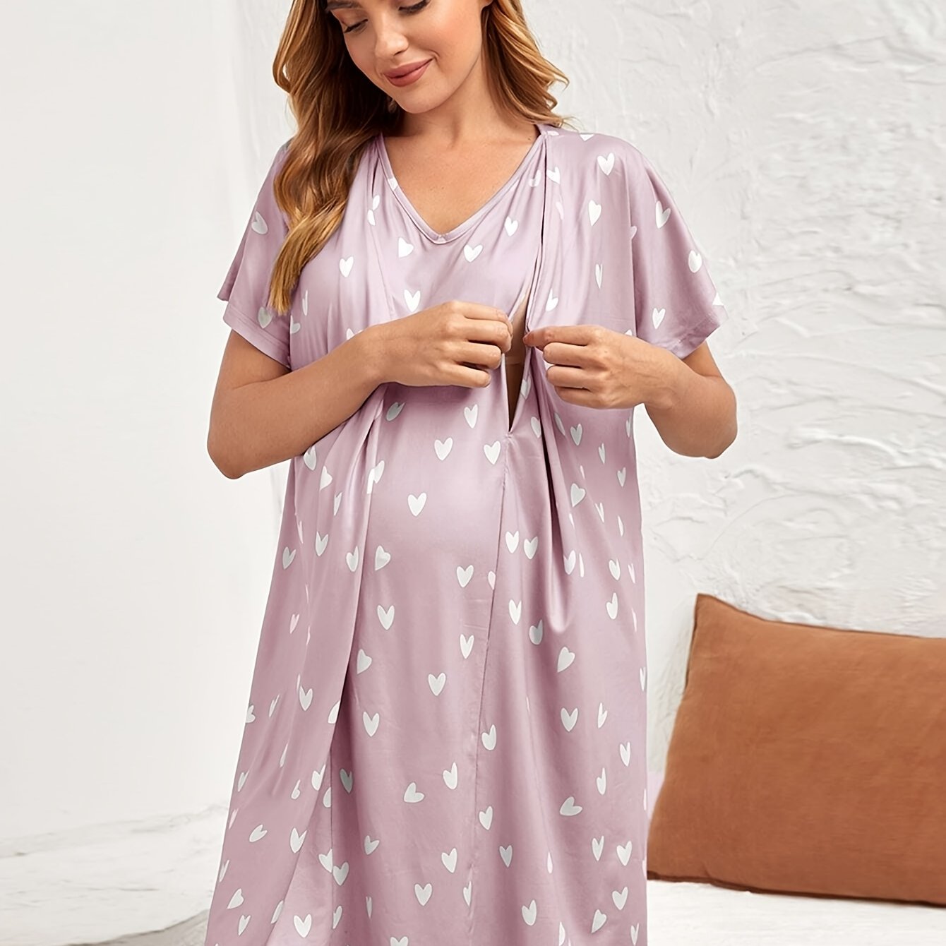 TEMU Robe de nuit de maternité, Vêtement décontracté pour l'allaitement, Robe d'allaitement à manches courtes et ouverte sur le devant, Pyjama de