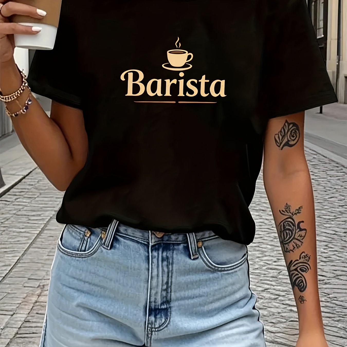TEMU T-shirt da donna con stampa di caff癡 da barista, maglia versatile in stile professionale , corta casual i , abbigliamento estivo da donna,
