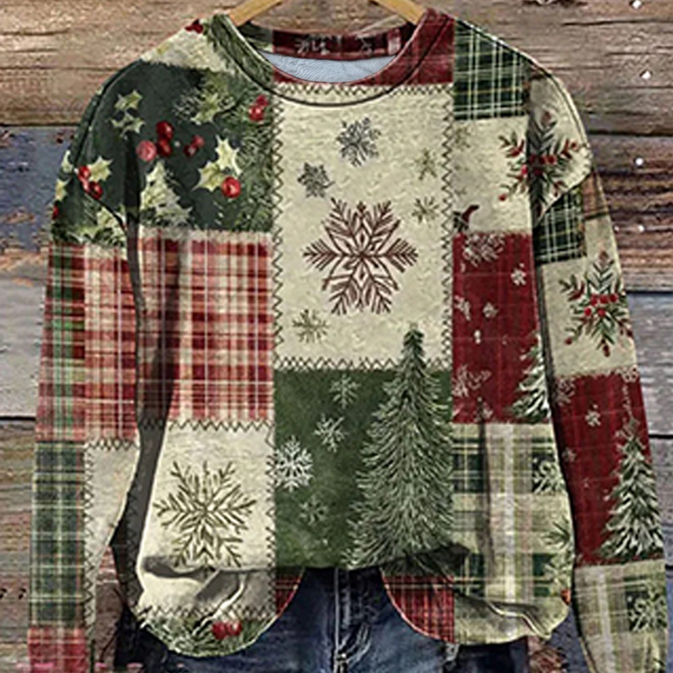 TEMU Plus Size, Women's Plus Size Christmas Crewneck Long Sleeve Sweatshirt- Snowflake Christmas Tree Print, Festive Casual Top