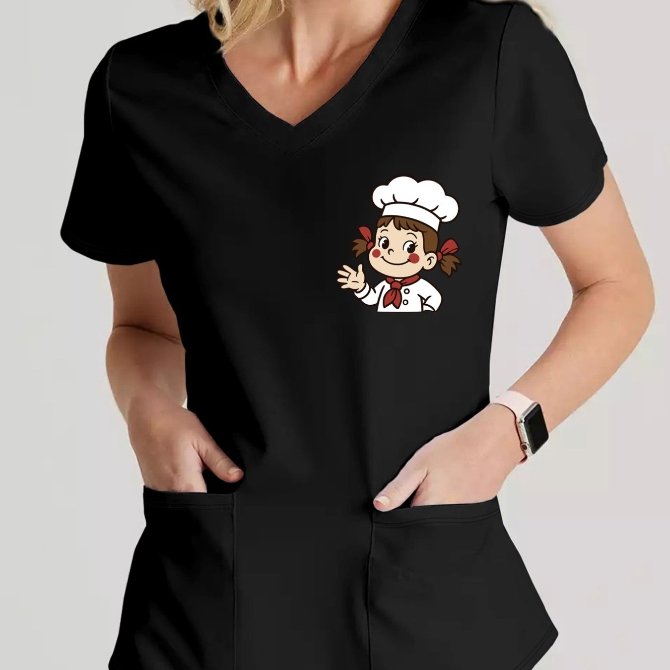 TEMU Camiseta con cuello en V, Chef adorable, cuello en V y estampado de estilo de dibujos animados
