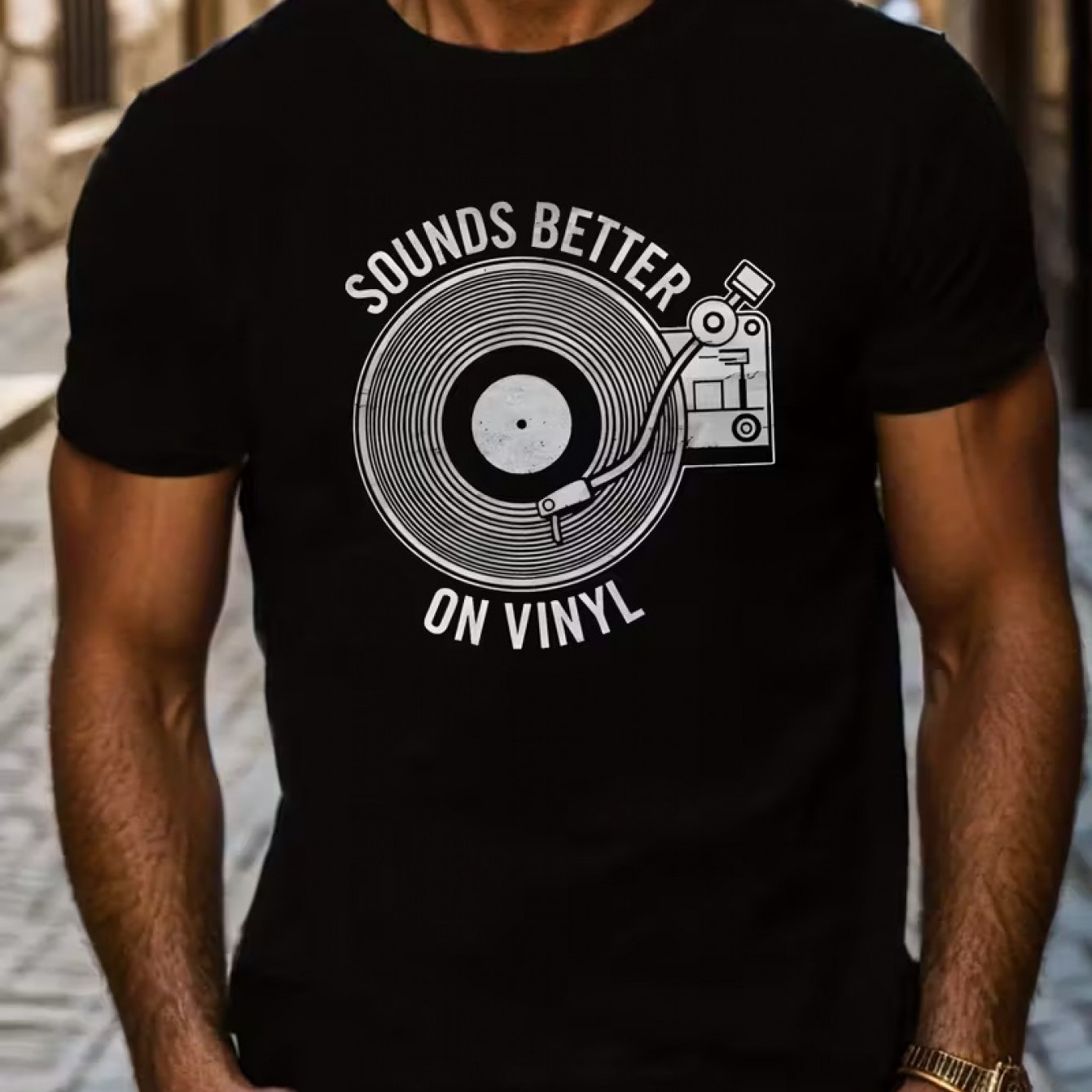 TEMU Men's Record T-shirt - Vintage Music Print With Turntable & Vinyl Logos, Soft Breathable Short Sleeve Tee For Djs, Music Lovers, Casual Wear,