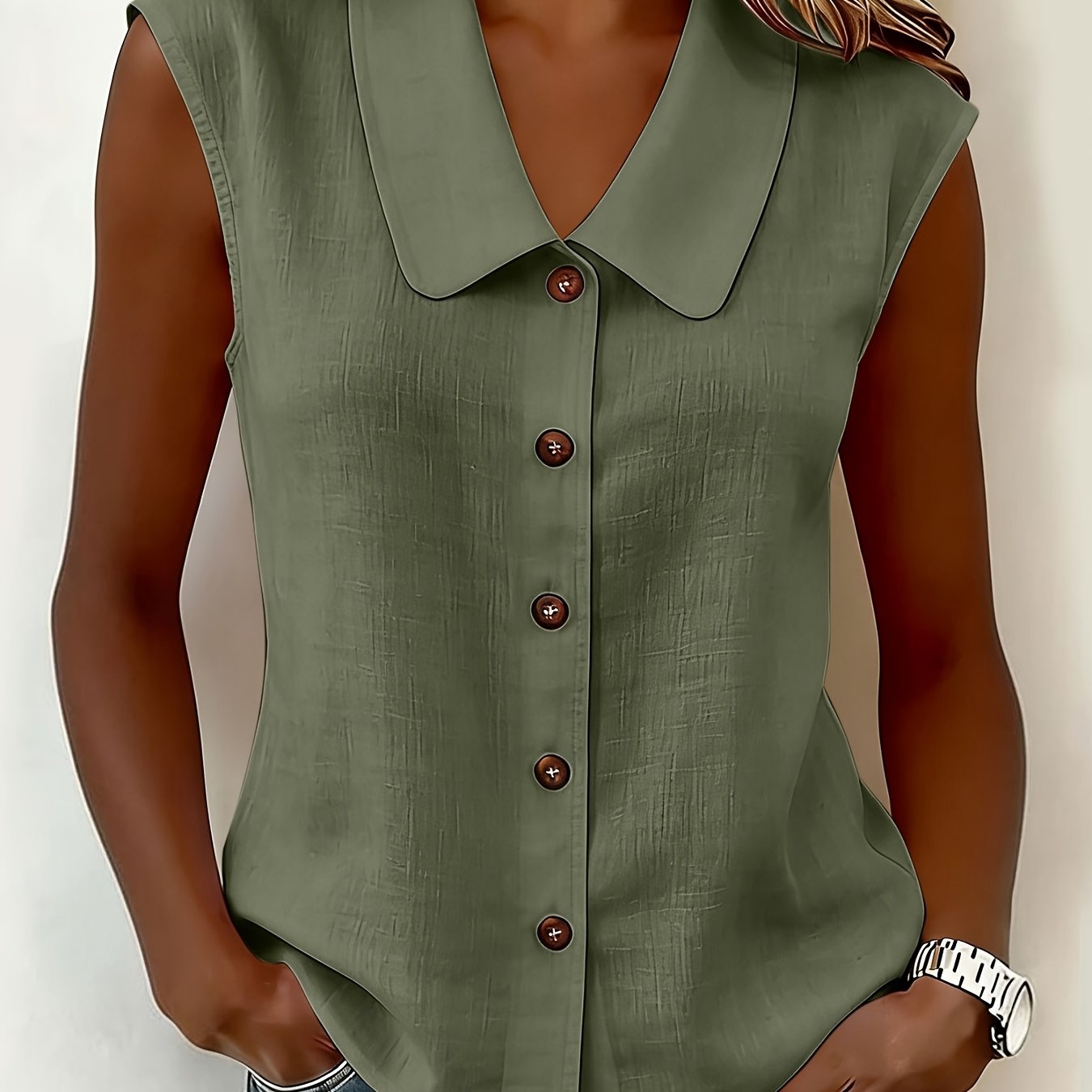 TEMU Women's Sleeveless Blouse Lapel Doll Collar Knot Linen Button Cardigan Top Solid Color Casual Shirts Black Blue Green Gray Khaki Pink Wine White