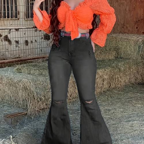 distressed high waisted flared jeans for women stretchy skinny fit retro wide leg trousers with knee rips multi pockets buttons vintage casual streetwear