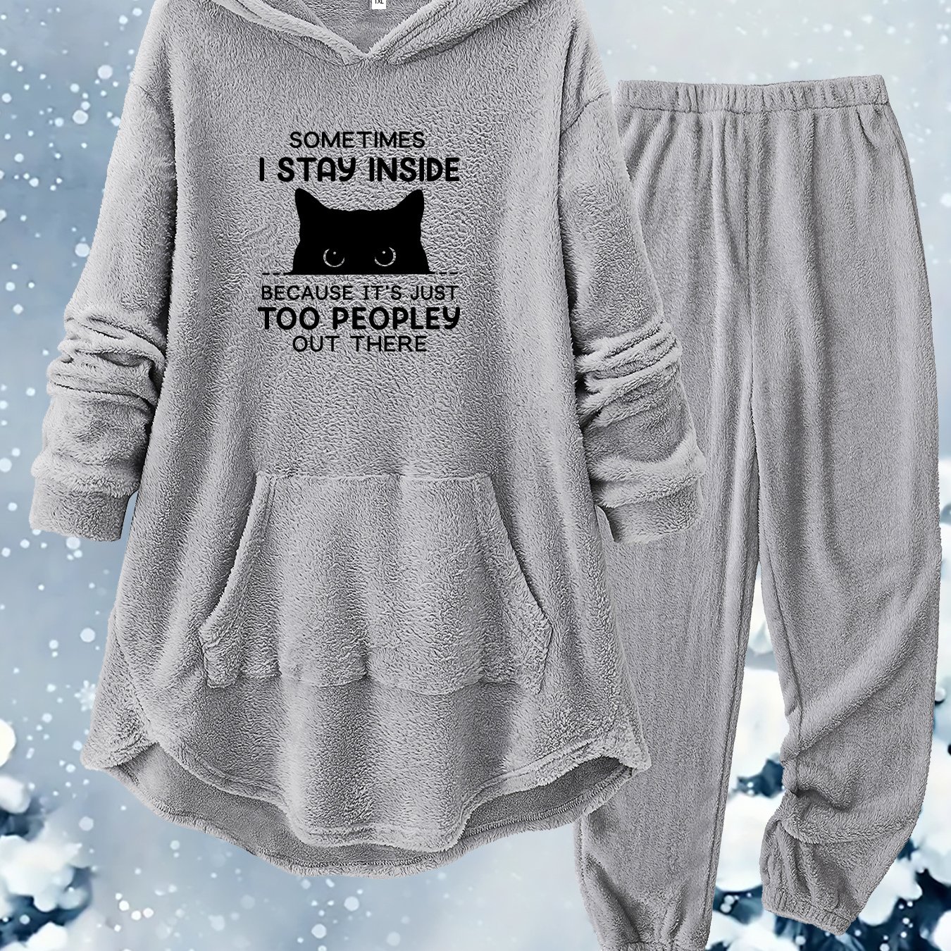 TEMU Plus Size, Autumn/winter Plus Size Casual Hooded Set With Black Cat Print, Thick Plush Loungewear Set, Pants With Elastic Waist And Pockets,