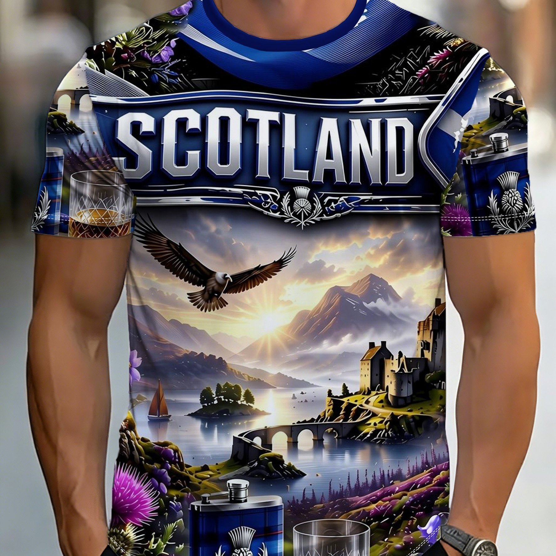 TEMU Men's Summer Scotland Whiskey Thistle Scottish Ancient Castle And Lakes Full-print Crew Neck T-shirt, Eagle Landscape , Breathable Loose Size