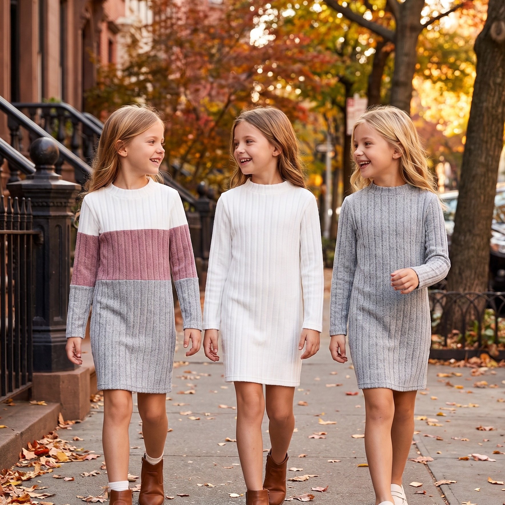 Image of 3pcs Set Of Girls' Fashion Striped Knit Long Sleeve Dress And Leggings - Spring/autumn Comfortable, Soft, Elastic And Lightweight Fabric, Suitable For Daily Casual , Parties, Holidays