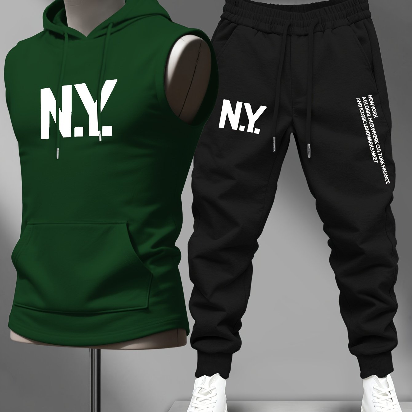 TEMU Men's Casual Gym Hooded Vest And Pants Set With Financial City Theme Print, Sleeveless Hooded Training Vest, Matching Print Side-decorated