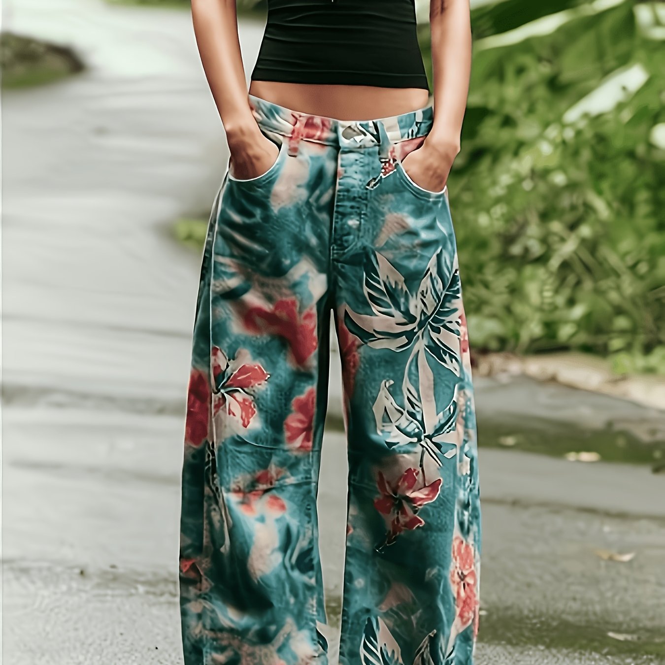 Women's High Waist Oil Painting Green Floral Printed Straight Leg Jeans, Aesthetic Style With Pockets