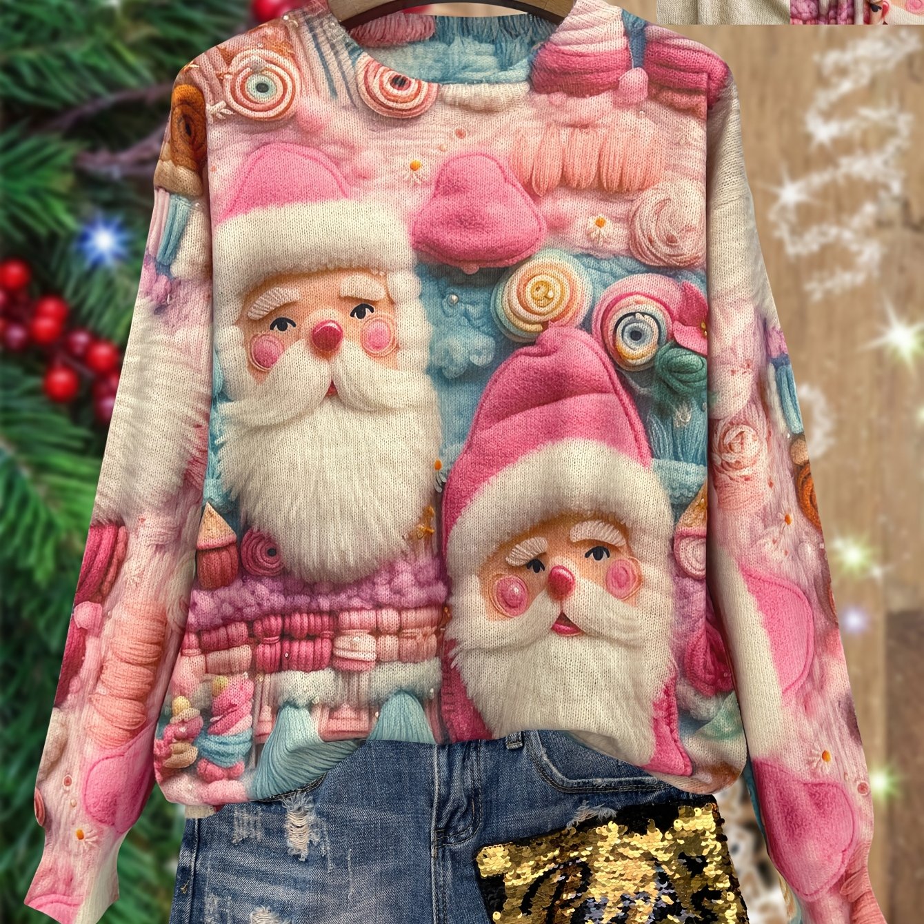 Image of [printed Design - Not Textured] [ Print] [lightweight] [sweater] Print Santa Claus Pattern Lightweight, Casual Crew Neck Long Sleeve Sweater, Women's Clothing