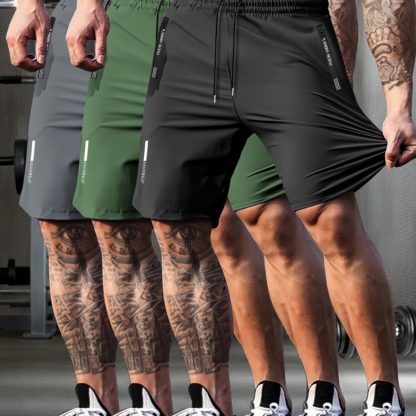 TEMU Men's High-elastic Solid Shorts With Zipper Pockets, Reflective Strip Prints, Breathable Drawstring Design, Suitable For Running, Yoga, Training, And Hiking, Lightweight For Summer.
