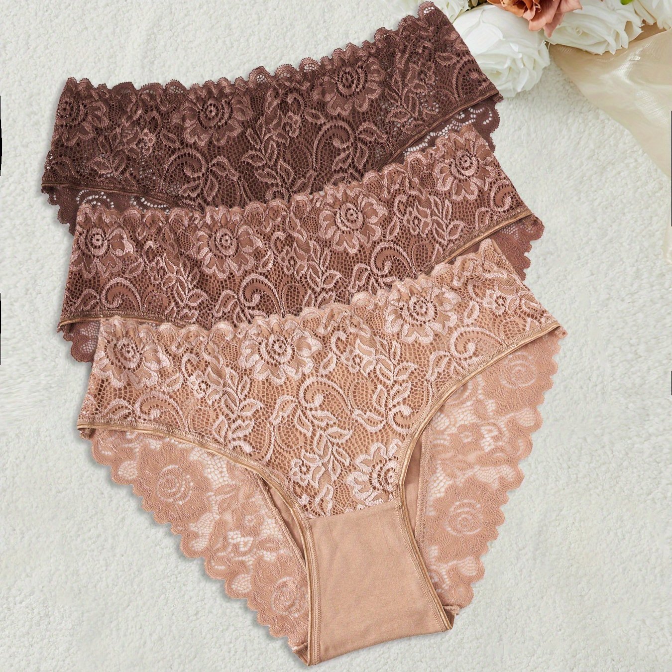 3pcs Women's Brown Lace Panty Set | Delicate Wavy Trim And Soft Lace Pattern, Elegant And Sophisticated