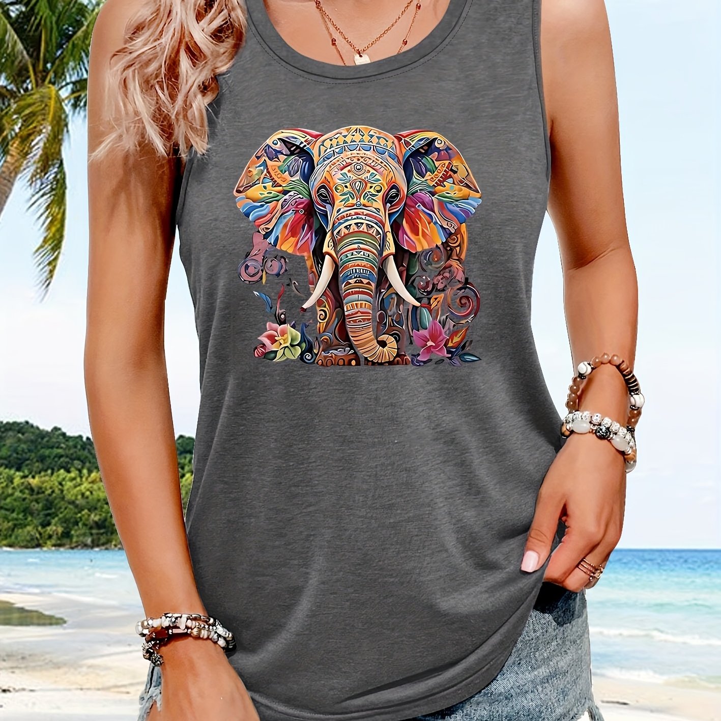 TEMU A Vibrant And Artistic Elephant Pattern Printed Casual Sports Fashion Top With A Round Neck, In Sizes S-xxl