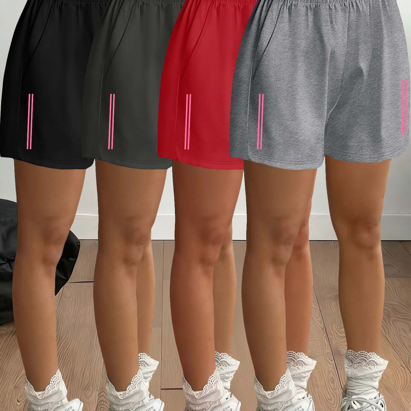 TEMU 2026 Spring Summer New Women's Bottoms Striped Printed Leg-lengthening Light Individual Street Elastic Waist Side Pockets Shorts 4pcs Set