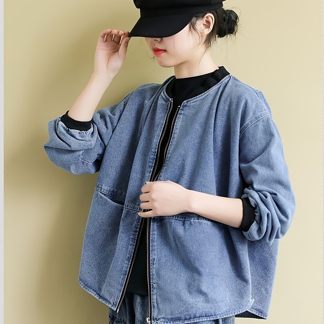 TEMU All- Denim Jacket Jacket Collared Zipper Autumn Winter