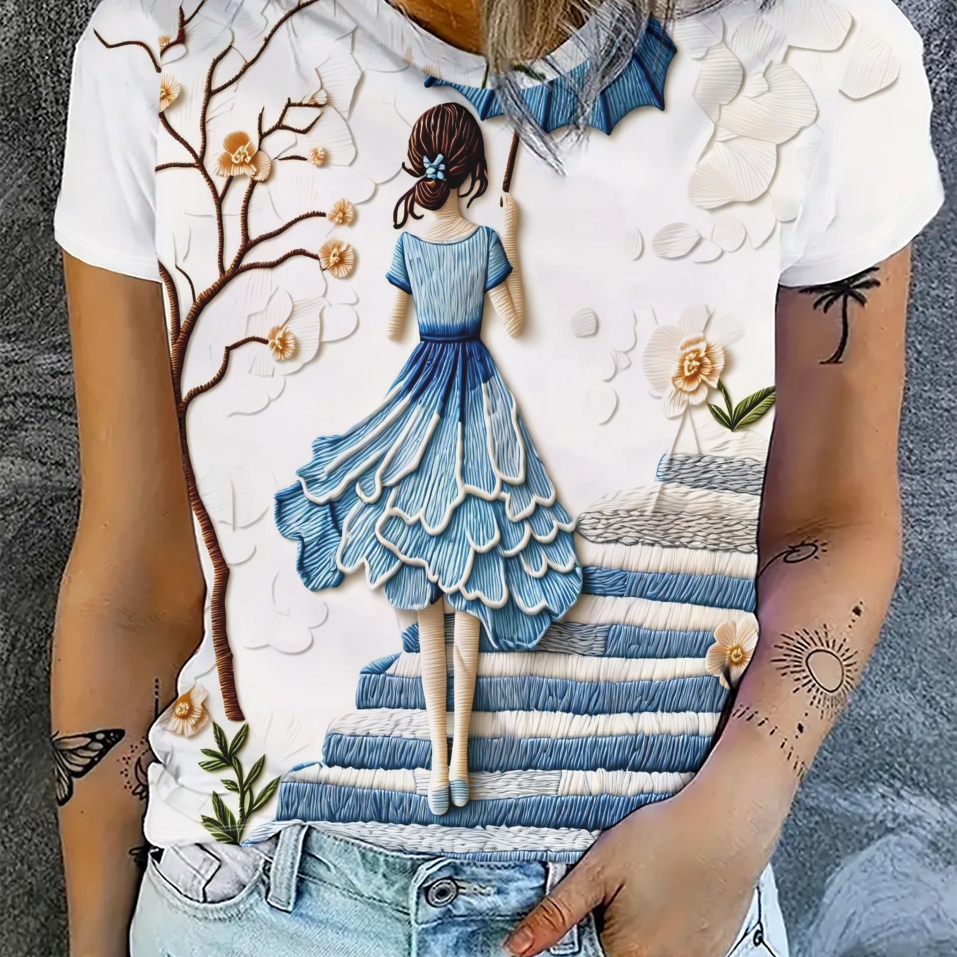 TEMU New Women's Short-sleeve T-shirt Made From Comfortable Fabric, Featuring A Casual And Regular Fit. It Showcases A Printed Design Of A Under An
