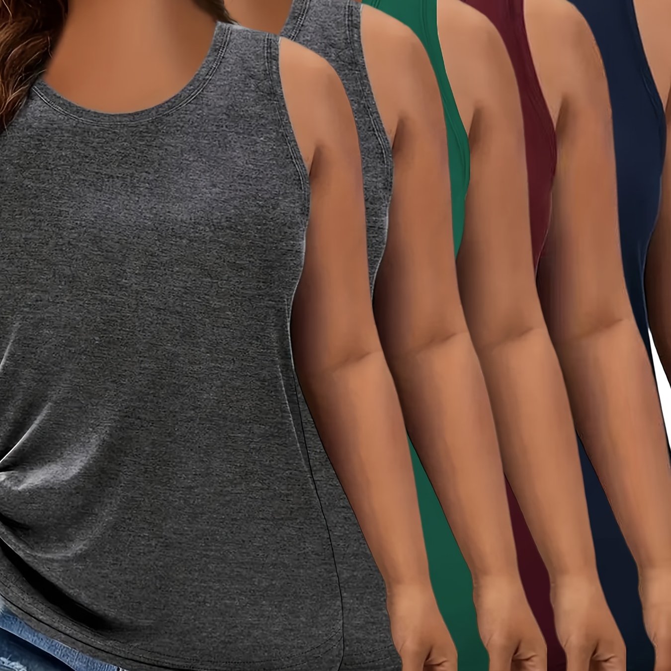 TEMU Plus Size, Popular Solid Color Five-piece Set, No Print, European And , Plus Size, Fashionable Round Neck Tank Tops