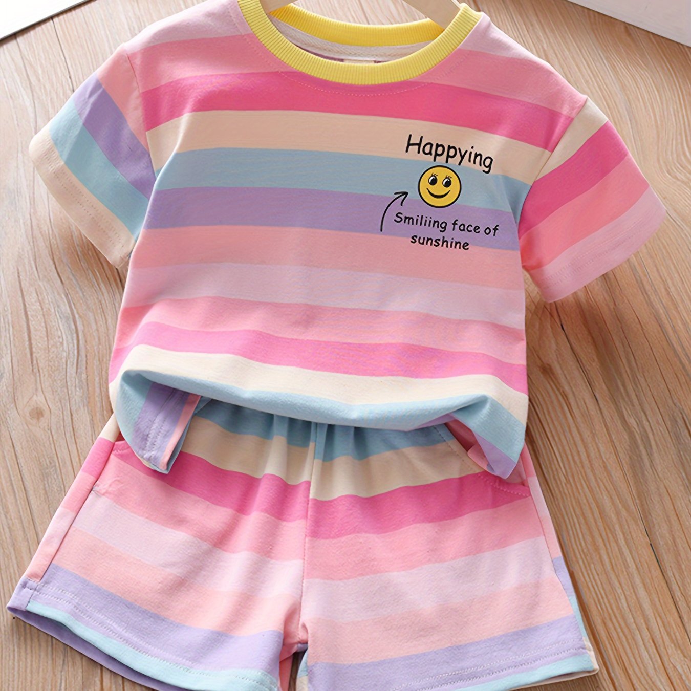 Image of Girls' New Summer Fashion Set, Sporty Casual With Cute Face And Letter Print, Comfortable And Breathable, Striped Shorts And T-shirt Set, Perfect For Outdoor