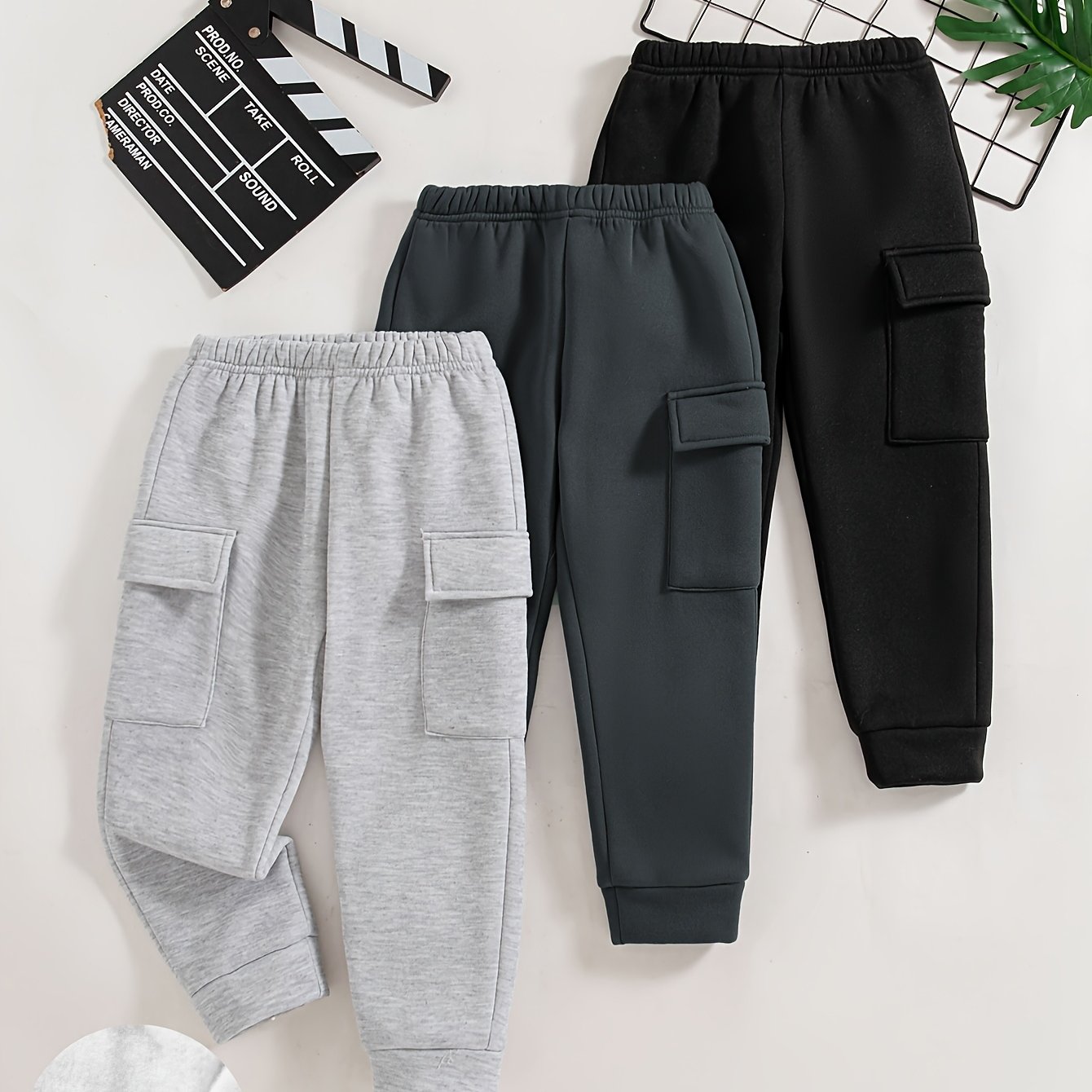 Image of 3pcs Set Multi-piece Outfit Boys' Casual Outing Fashion Solid Color Elastic Waistband Boys' Long Pants Fleece Sweatshirt Autumn Winter, For Outdoor, Back To School Essentials, Christmas, Halloween
