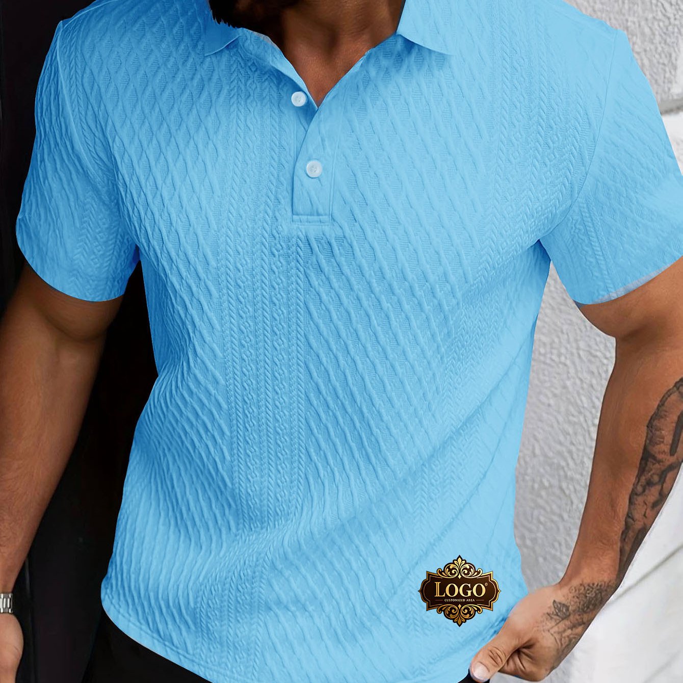 TEMU Men's -quality Durable Plus-size Patterned Short-sleeve Textured -friendly Knit Lapel T-shirt Top, Plus Size