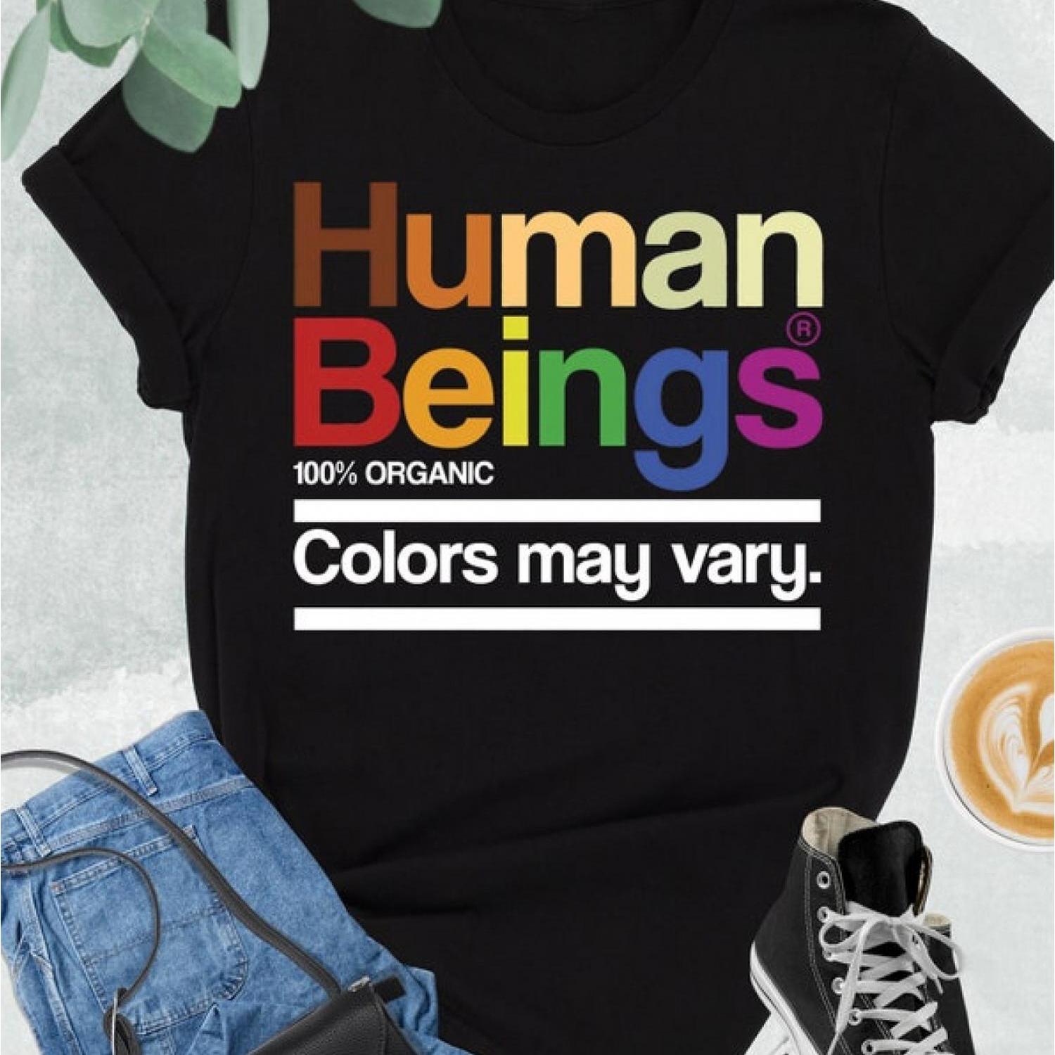 TEMU [ Graphic Tee] Men's Human Colors May Graphic T-shirt - Black Crewneck Tee With Rainbow Human Emblem | , Shirt, Casual Everyday Apparel, Soft