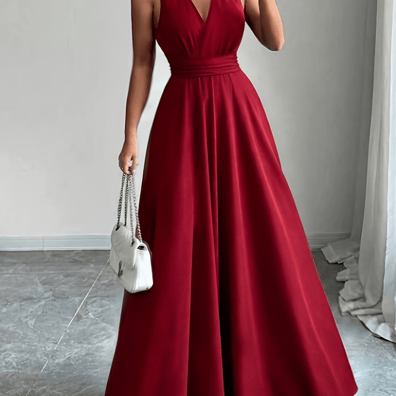 TEMU New Retro Spring Summer Fashion V-neck Sleeveless Waist-cinching A-line Long Dress, Suitable For Weddings, Parties, Travel And Vacation