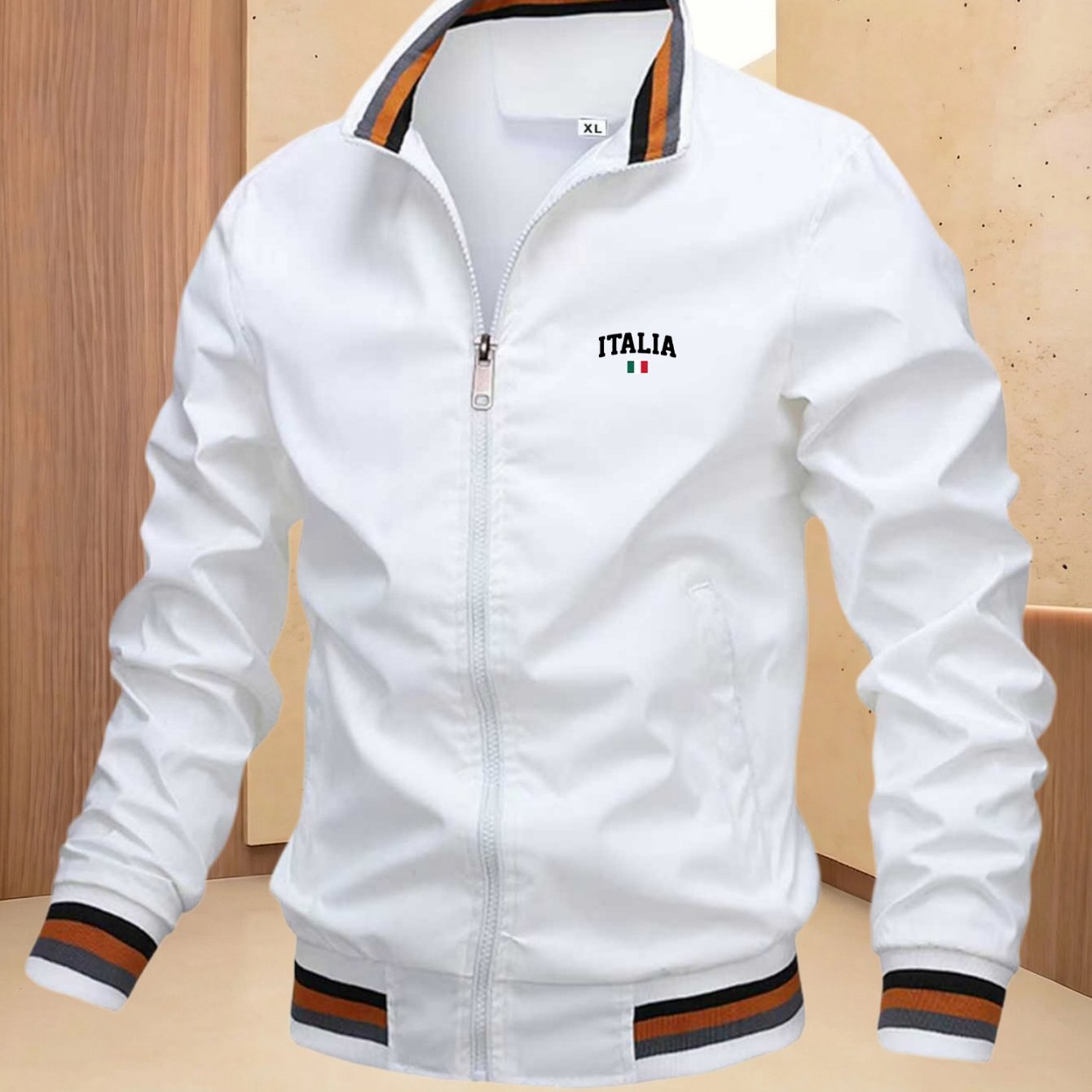 TEMU Men's Italia Italian Letter Flag Element Stand Collar Baseball Jacket, Italian Trendy Style, Contrast Color Ribbed Design, Windproof And ,