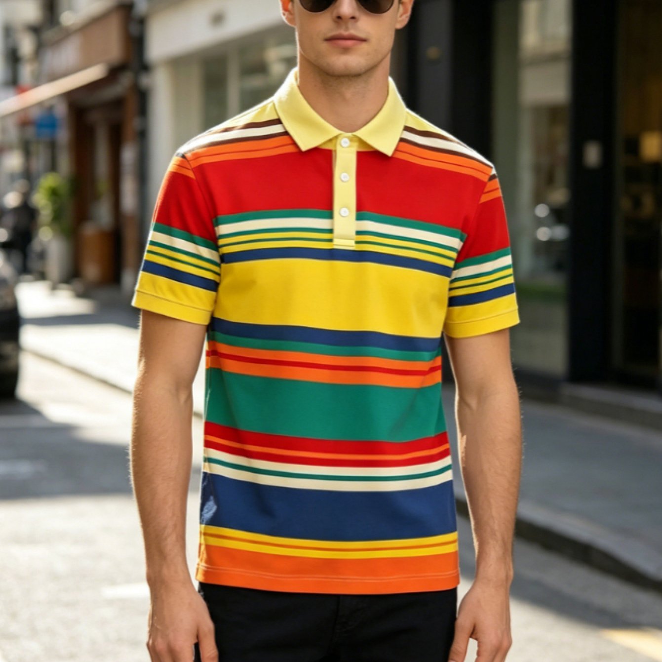 TEMU [print Design, Not Textured] Multicolor Striped Print Men's Shirt, Polyester Collar Short Sleeve, Casual All-match Style, Summer Fashion ,