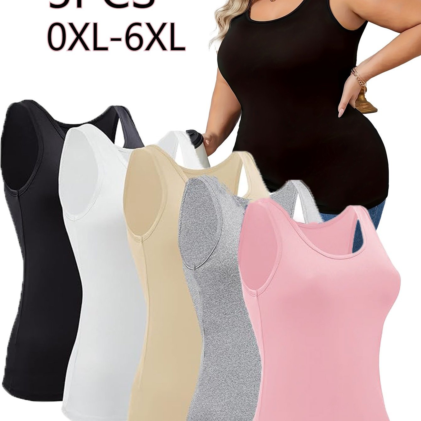Plus Size, 5-pack Women's Plus-size Tank Tops - Stretchy & Soft Layering Essentials In Black, White, Gray, Pink - Non-see-through Basic Tops For Casual & Formal Outfits