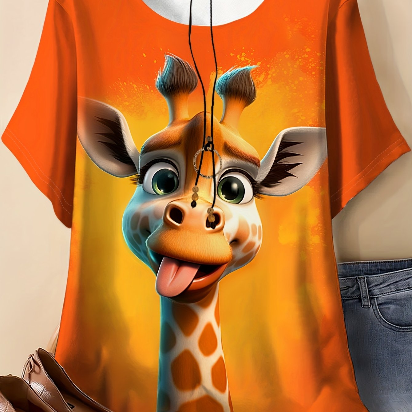 TEMU Plus Size, A Cartoon Giraffe With Its Tongue Sticking Out, Plus-size Women's T-shirt Print, Round Neck Short Sleeve Summer Top, Casual Outdoor