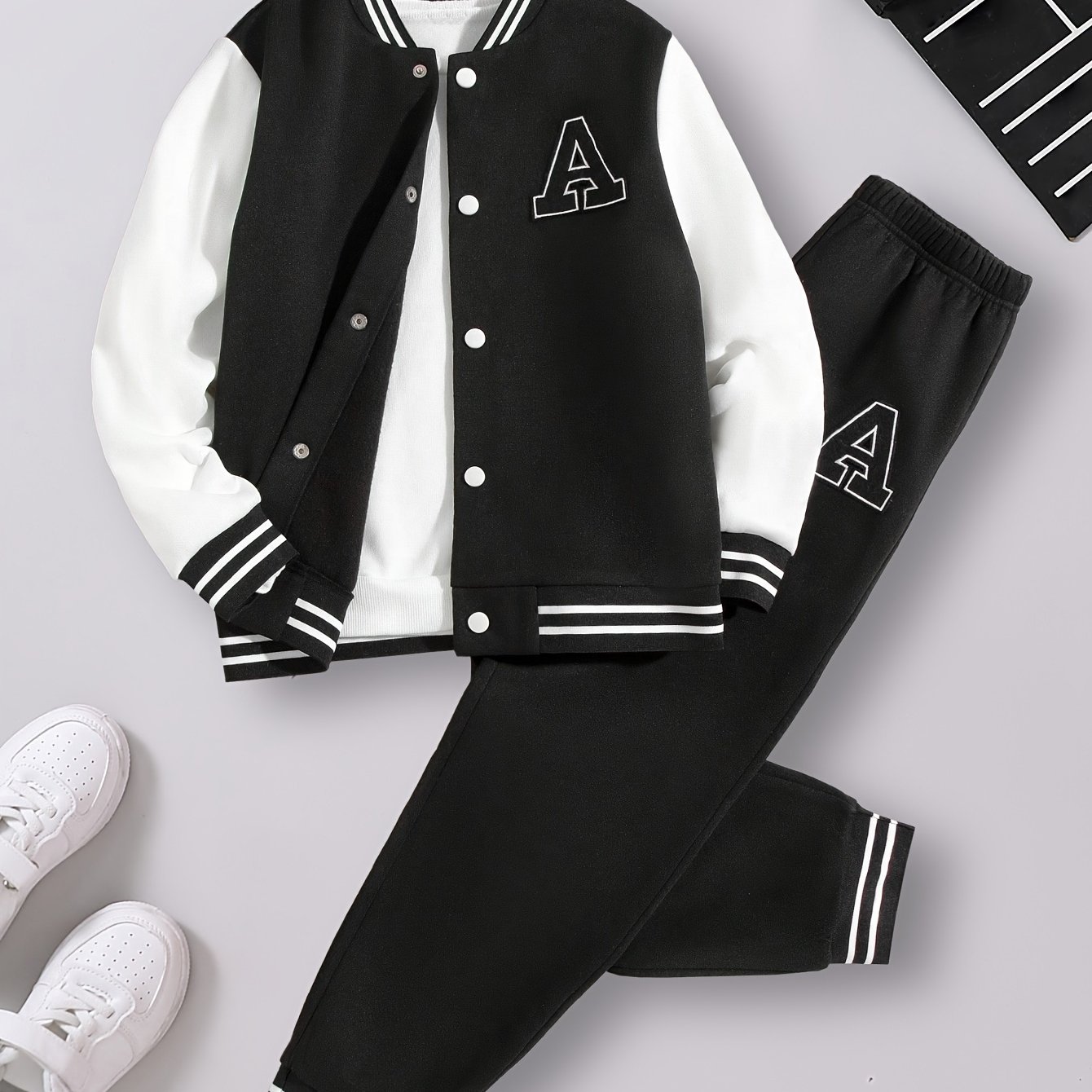 Image of Boys' Spring/autumn Outing Baseball Outfit Letter Long Sleeve Top And Long Pants, Medium To Large Casual Comfortable 2pcs Set, For Outdoor