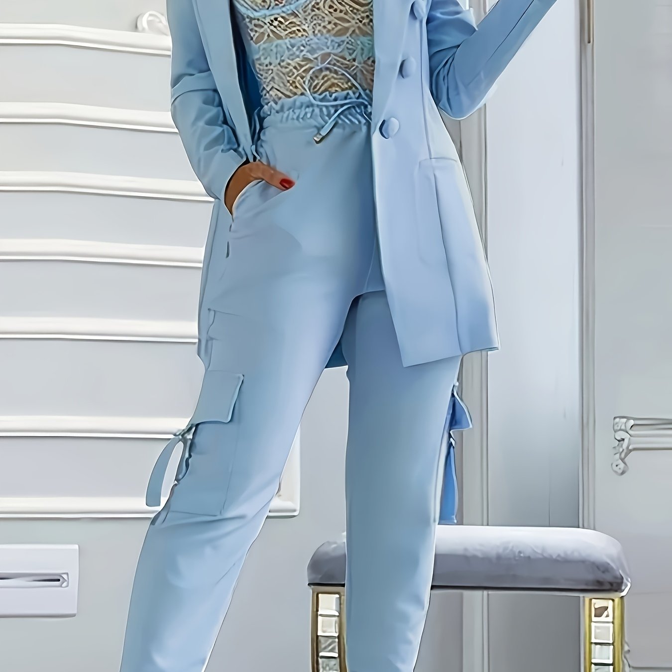 TEMU 2026 Spring/autumn Fashion Women' Color Elegant Casual Blazer + Elastic Waist Jogger Pants Set, Versatile 2pcs Commuter Outfit, Elegant Office Commuting Women's Suit