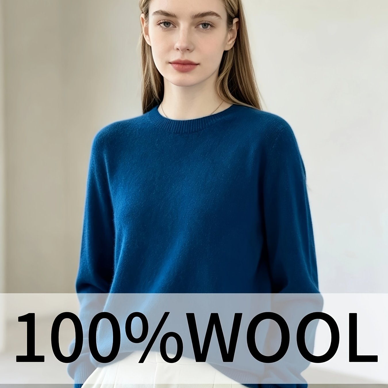 TEMU New Elegant 100% Wool Crew Neck Pullover Sweater, Seamless Long Sleeve Solid Color Warm Sweater, Loose Casual Versatile Outerwear, Light Layer