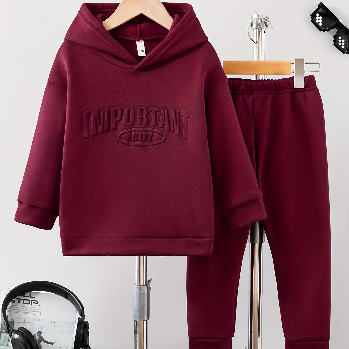 Boys' Autumn/ Casual Hooded Sweatshirt Set With Embossed Print, Perfect For Outdoor