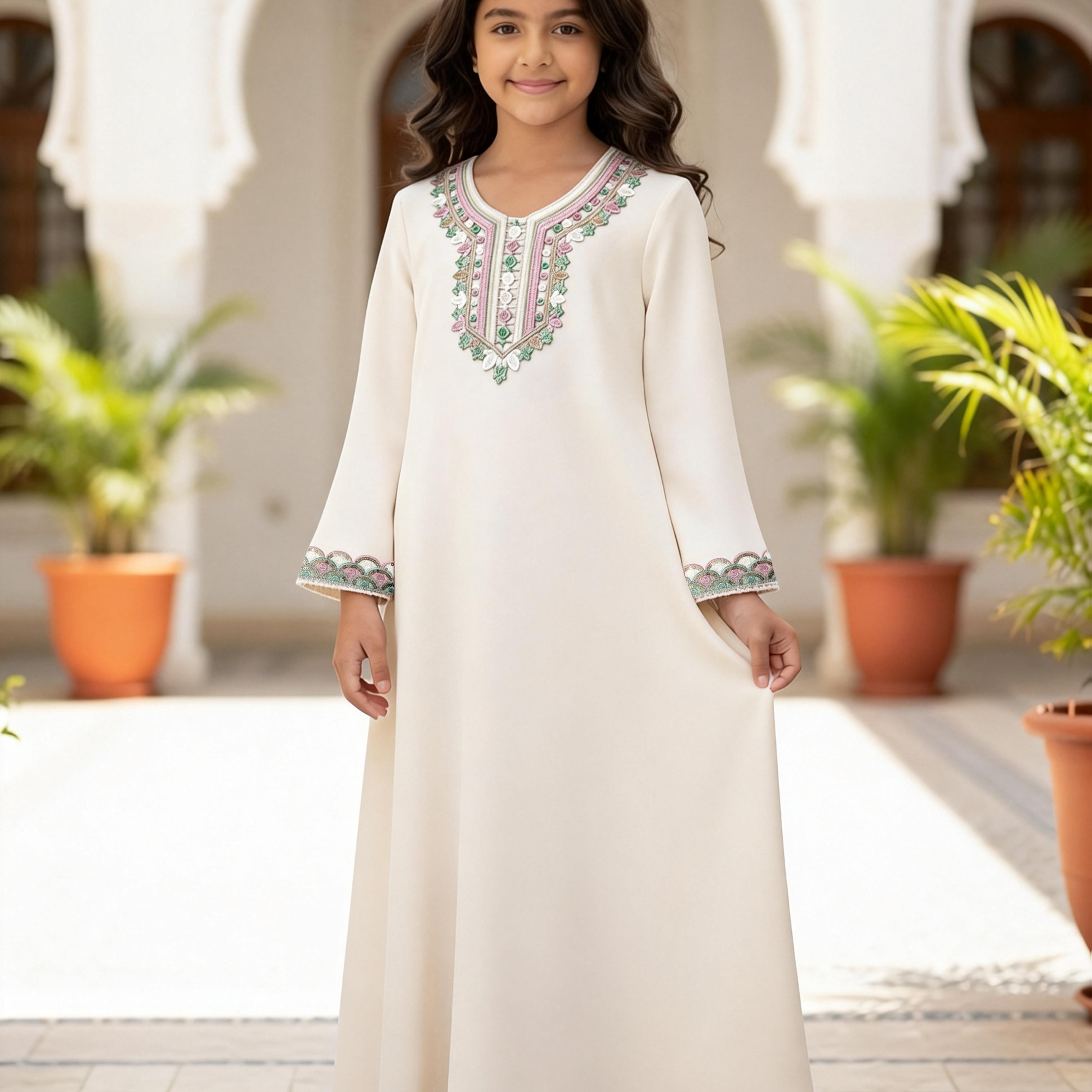 Girls' Middle Eastern Embroidered Long Sleeve Dress, Dubai Embroidered Gown, Ramadan Festival Wear, Children's Arabic Ethnic Style Robe, Loose Long Dress
