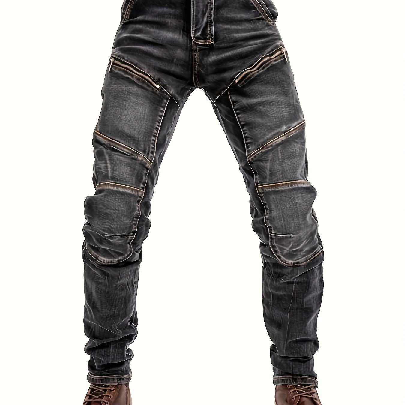 Retro Washed Motorcycle Pants Elastic Stitching Slim Jeans