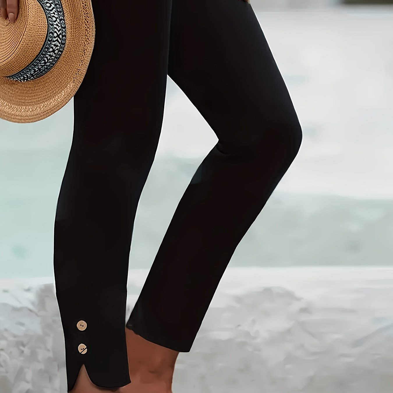 TEMU Women's Adjustable Capri Pants, Elastic Tie And Coconut Button Details - Solid Black, Machine Washable Tummy Control Leggings, Ankle Length For