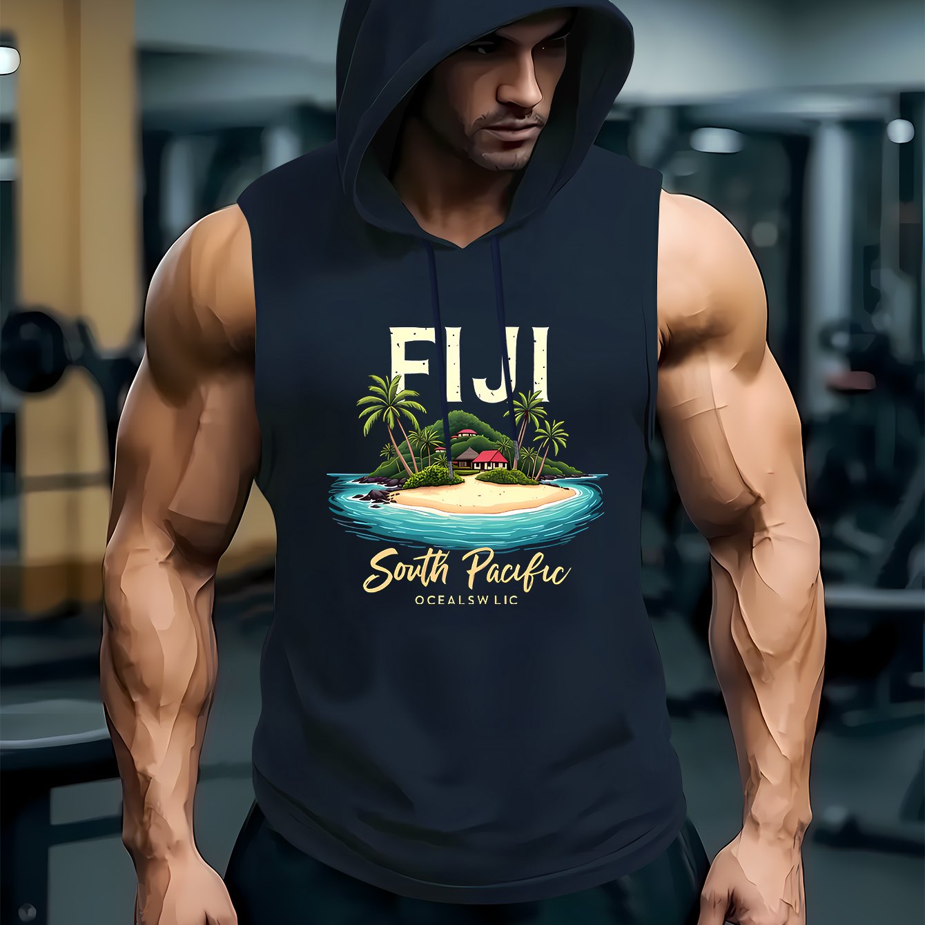 TEMU Men's Sleeveless Hooded Vest Summer Top, Fijian Scenery Print Vest, Summer Casual Leisure Vacation Theme Print Men's Sleeveless Vest