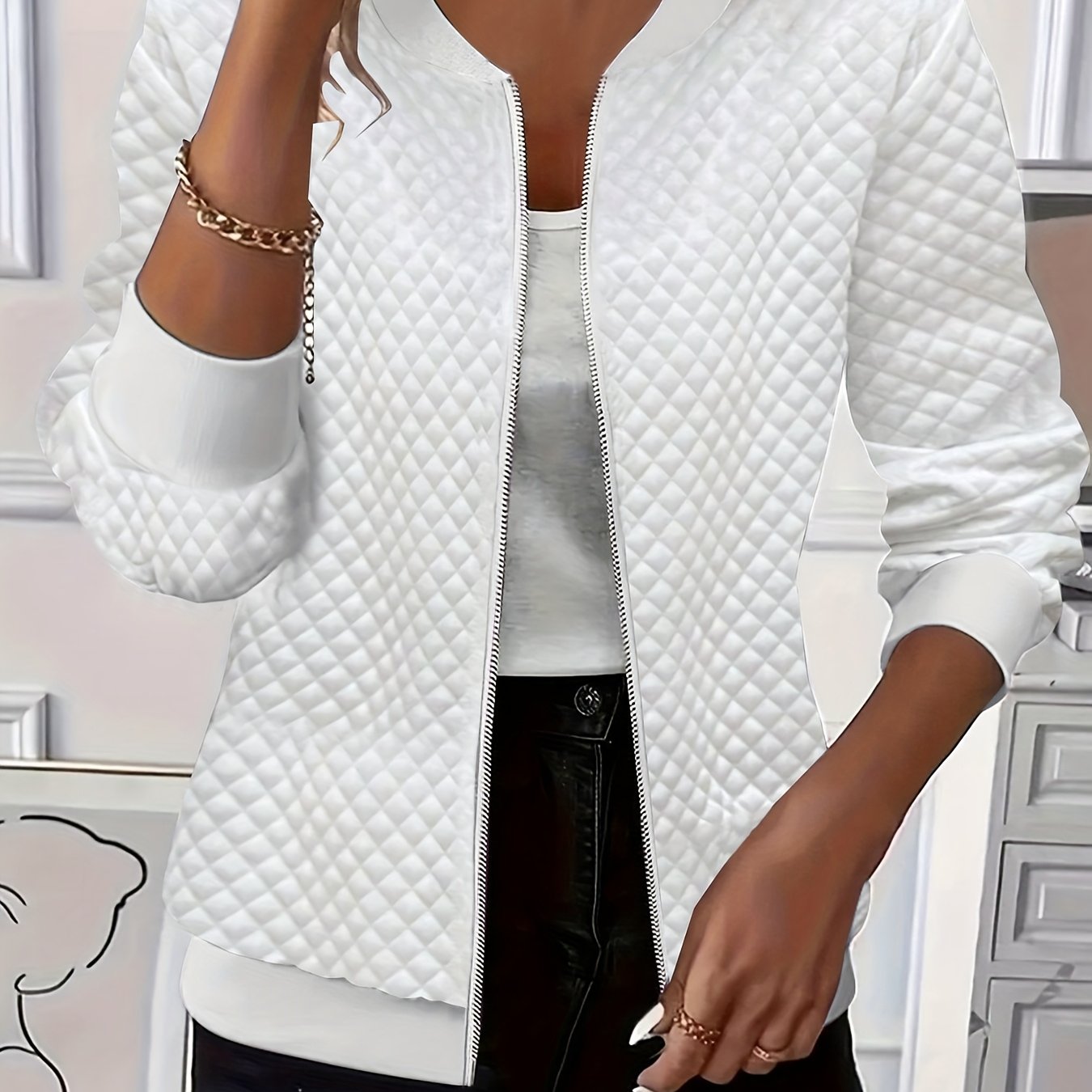 Elegant Casual Women's Jacket | Solid Color Textured Fabric, Baseball Collar, Long Sleeve, Zipper Detail | Fall/winter Collection 2025