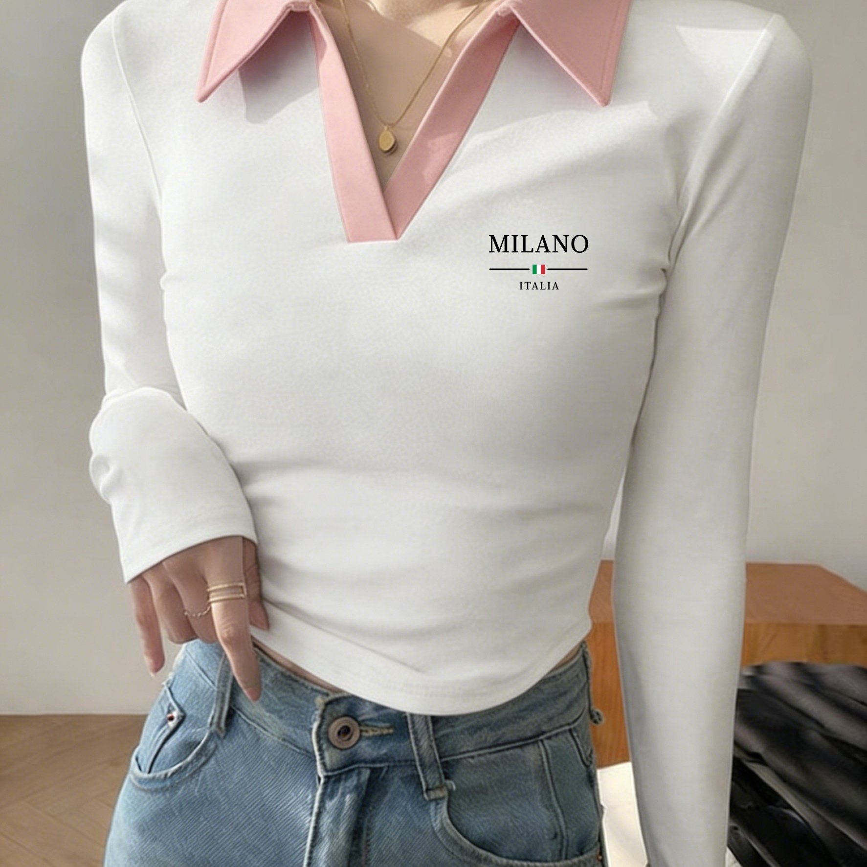 TEMU 2073-women's Spring Summer Fashion Trendy Y2k French Hot Lapel, Trendy Fashion English Letter Creative Print Women's Top Collar Long Sleeve,