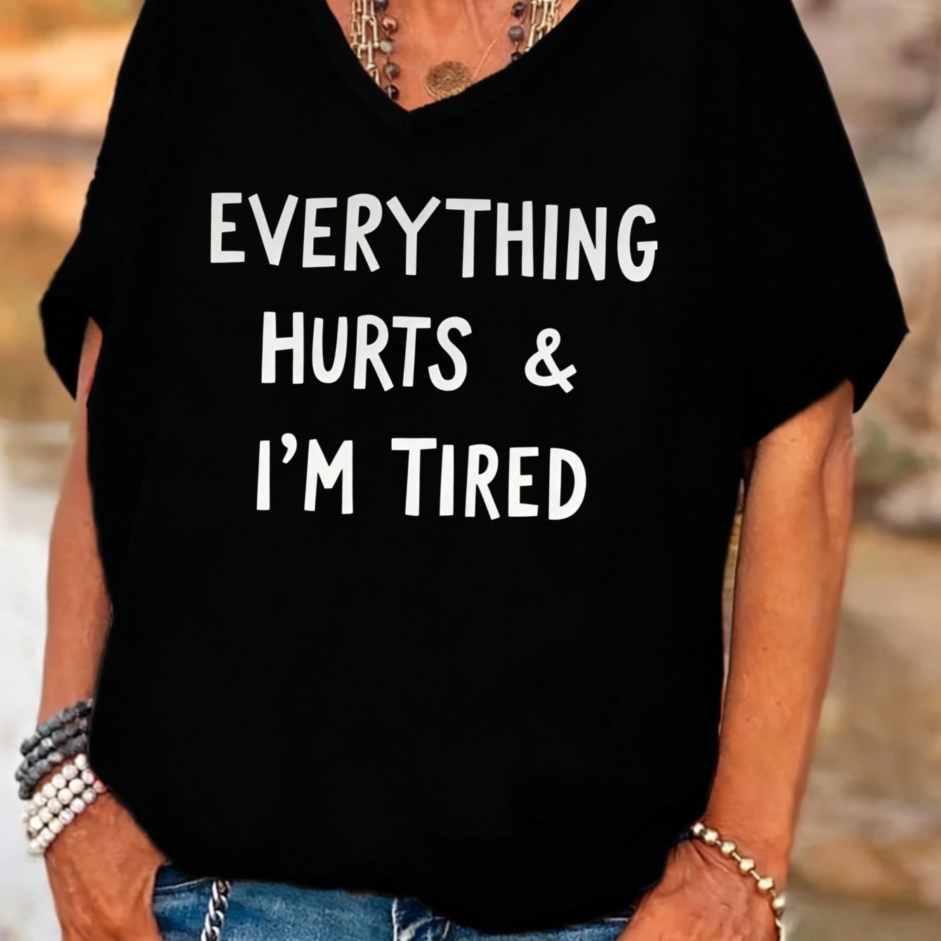 TEMU Plus Size - Casual Funny Graphic Plus Size Women's V-neck Batwing Sleeves T-shirt Everything And I'm Tired Slogan Print Summer Fall Daily Wear