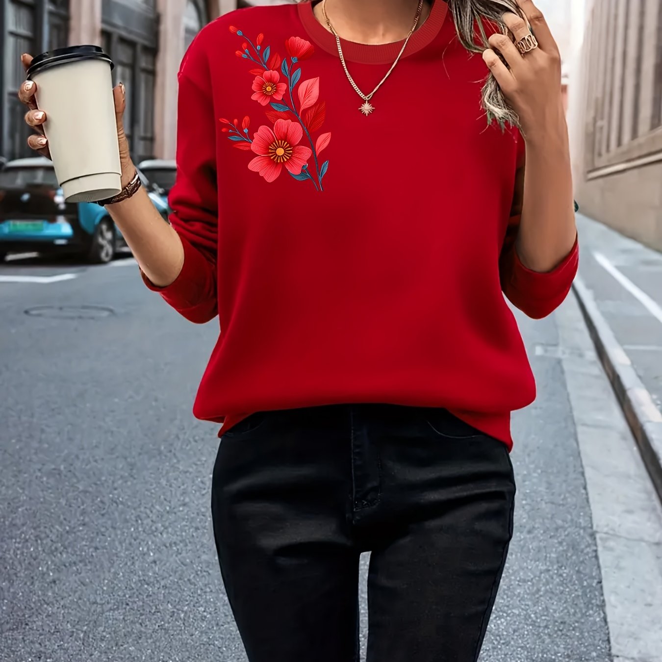 TEMU Fashionable Long-sleeved Sweater With Multi-element Hot Stamping Print, Spring/summer/autumn Fashionable Casual Women's Sweater, Round Neck