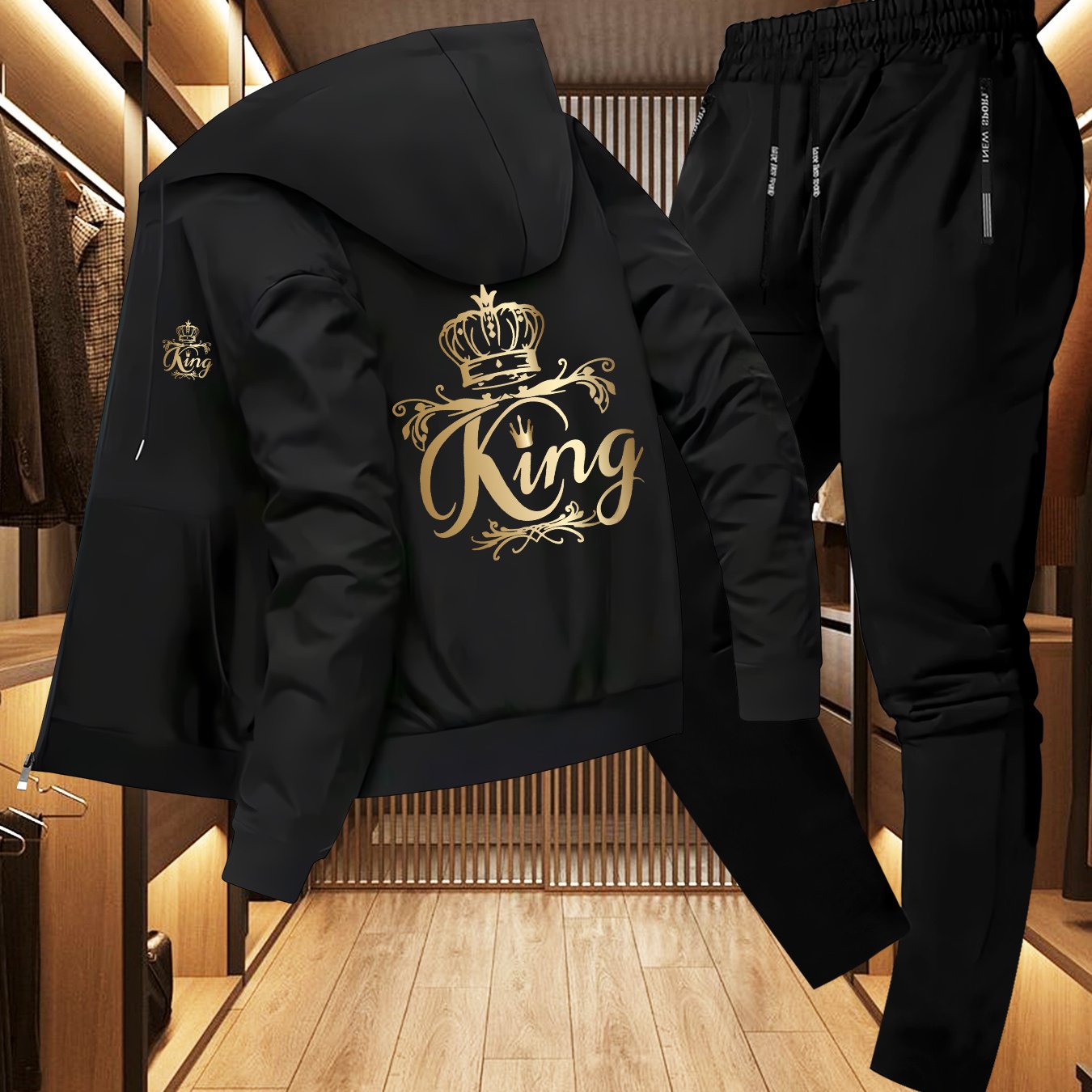 TEMU Men's Trendy Autumn And Winter Hooded Jacket Set, Featuring A Stylish Two-piece Design With A King Pattern, Perfect For Casual Business Wear,